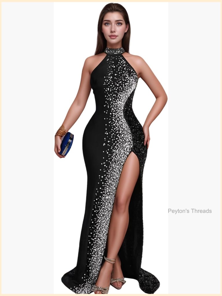 Sequin Rhinestone Halter Bodycon Maxi Dress - Club Party Formal